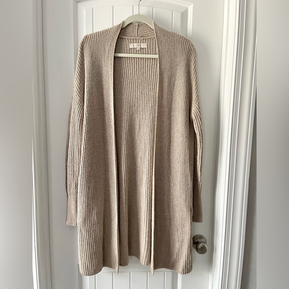 LOFT Women's Beige Ribbed Long Open Cardigan Sweater Size M